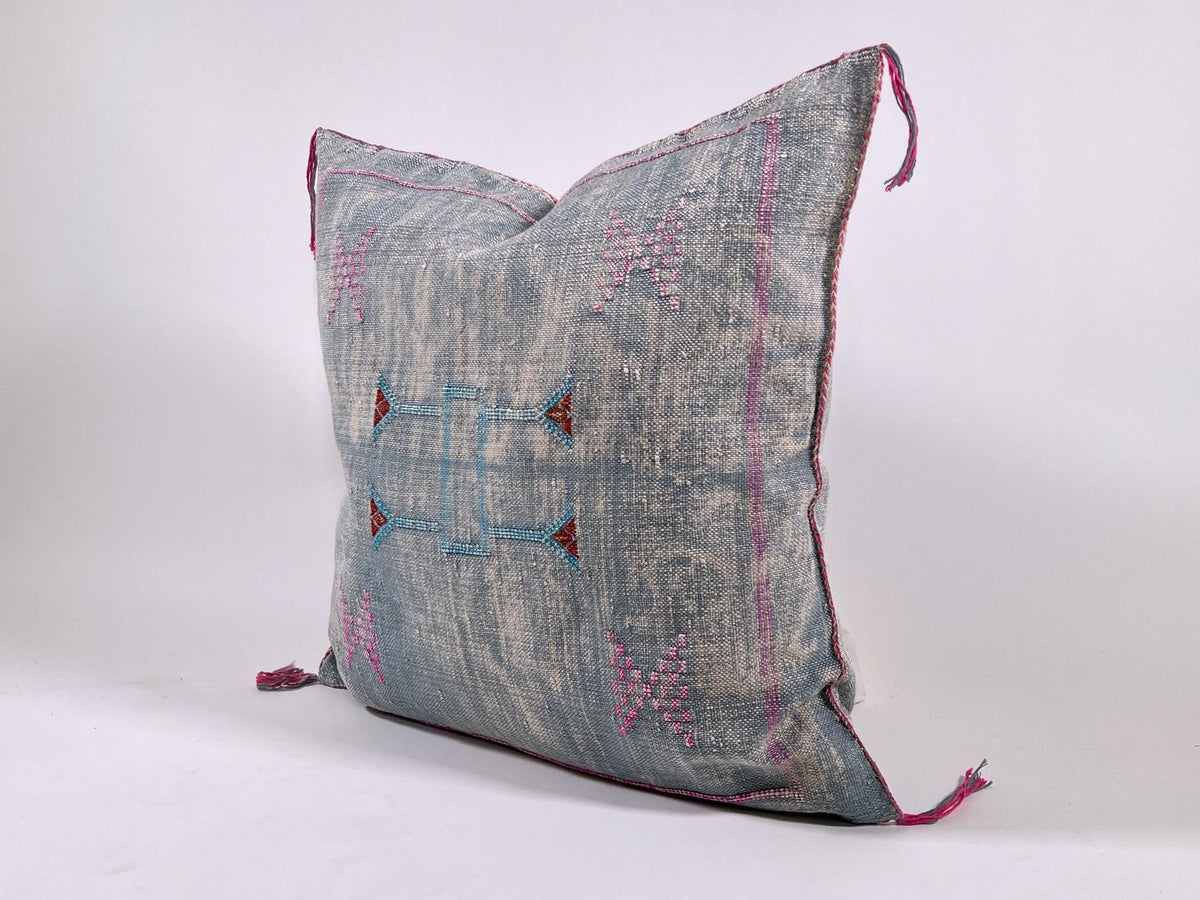 Blue Moroccan Silk Pillow Cover, Pink Embroidered Boho Cushion, Teal Geometric Sabra Silk Throw Pillow - product image 3