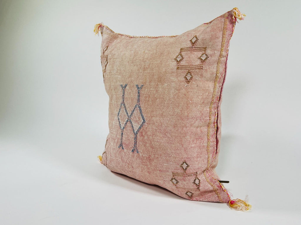 Pink Beige Moroccan Silk Pillow Cover, Blue Gold Berber Geometric Embroidery, Boho Sabra Cushion, Handmad - product image 5