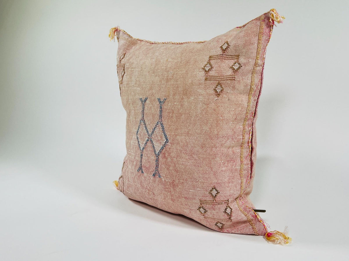 Pink Beige Moroccan Silk Pillow Cover, Blue Gold Berber Geometric Embroidery, Boho Sabra Cushion, Handmad - product image 5