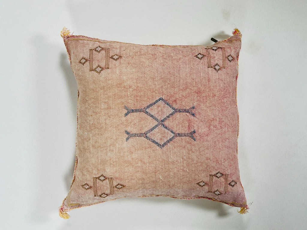 Pink Beige Moroccan Silk Pillow Cover, Blue Gold Berber Geometric Embroidery, Boho Sabra Cushion, Handmad - product image 6