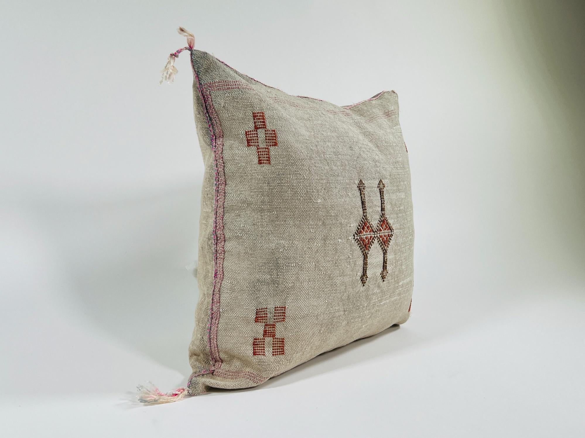Beige Moroccan Silk Pillow Cover, Handmade Berber Boho Cushion with Rust Geometric Embroidery, Ivory Sabr - product image 5