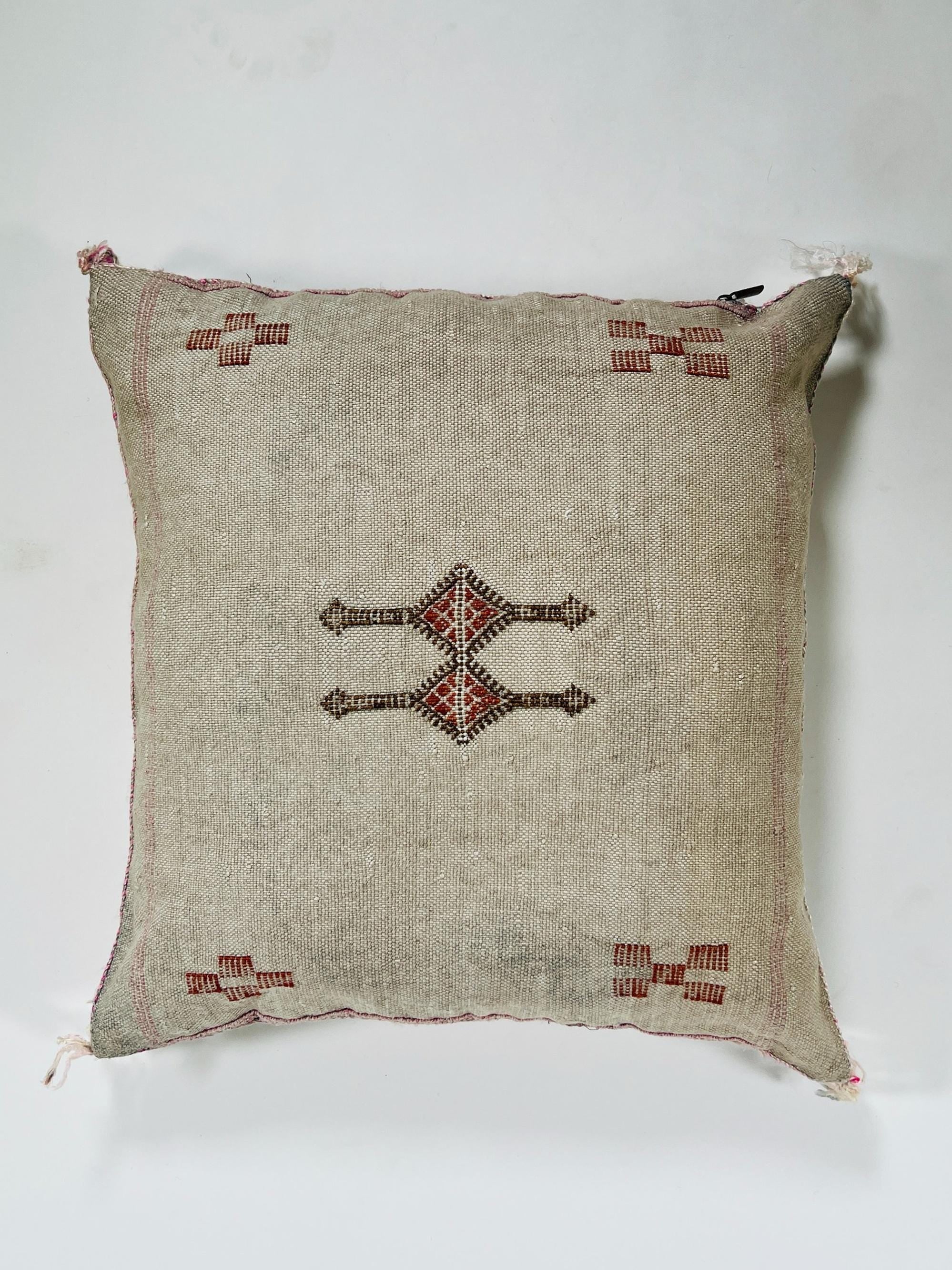 Beige Moroccan Silk Pillow Cover, Handmade Berber Boho Cushion with Rust Geometric Embroidery, Ivory Sabr - product image 6