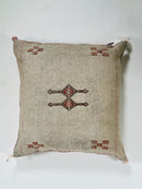 Beige Moroccan Silk Pillow Cover, Handmade Berber Boho Cushion with Rust Geometric Embroidery, Ivory Sabr - product image 6