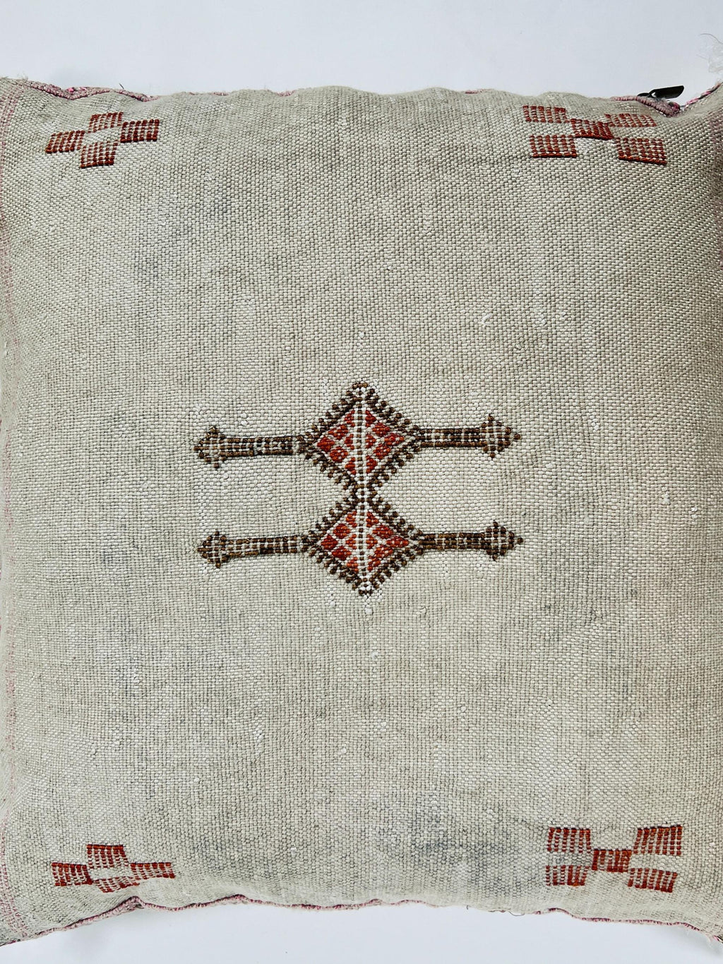 Beige Moroccan Silk Pillow Cover, Handmade Berber Boho Cushion with Rust Geometric Embroidery, Ivory Sabr - product image 8
