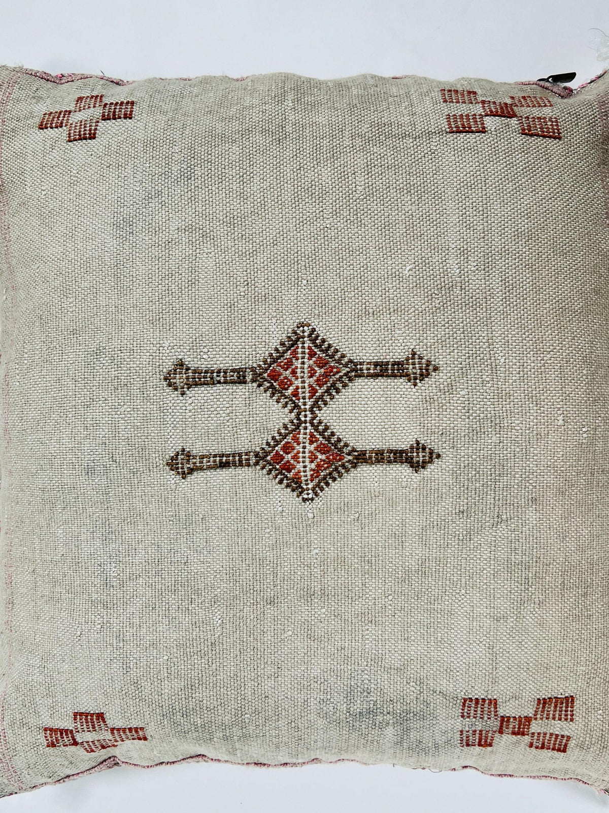 Beige Moroccan Silk Pillow Cover, Handmade Berber Boho Cushion with Rust Geometric Embroidery, Ivory Sabr - product image 8