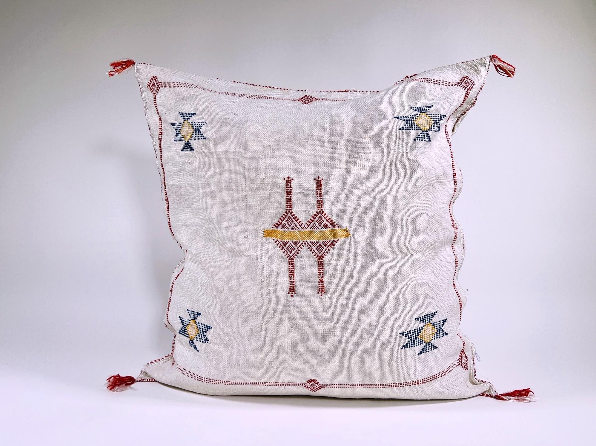 Cream Moroccan Silk Pillow Cover, Beige Boho Kilim Cushion with Grey Geometric Embroidery & Tassel Corner - product image 3