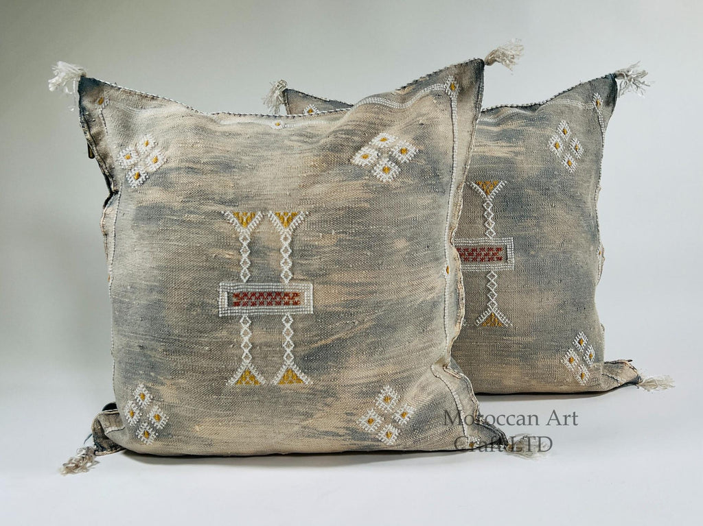 Beige Moroccan Silk Pillow Cover, Berber Boho Cushion with Geometric Embroidery, Handmade Sabra Silk Deco - product image 1