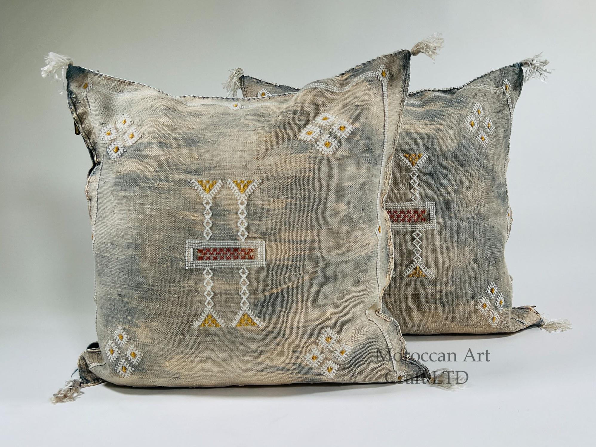 Beige Moroccan Silk Pillow Cover, Berber Boho Cushion with Geometric Embroidery, Handmade Sabra Silk Deco - product image 1