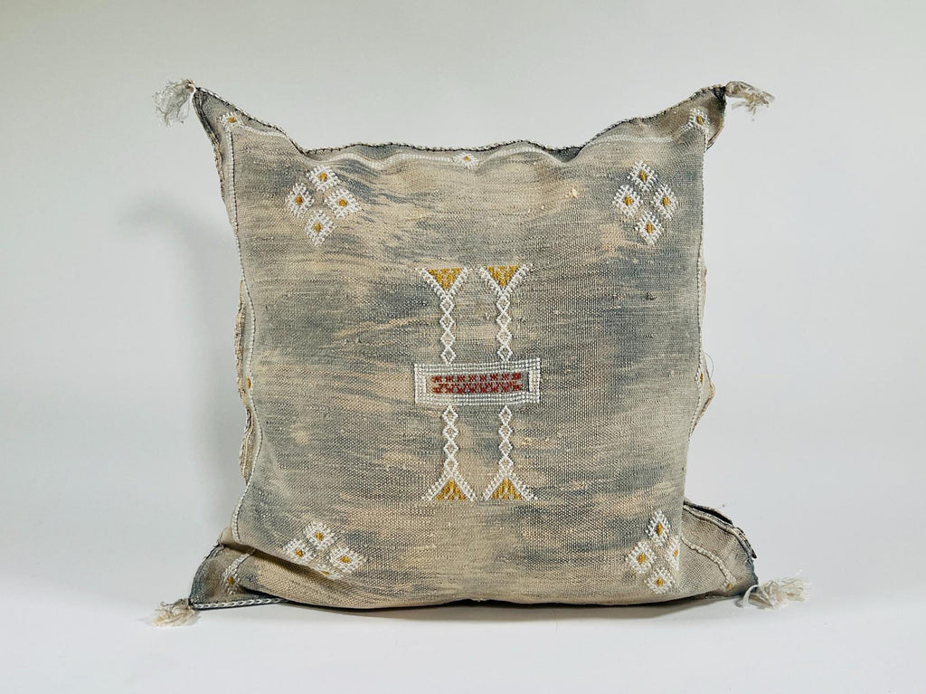 Beige Moroccan Silk Pillow Cover, Berber Boho Cushion with Geometric Embroidery, Handmade Sabra Silk Deco - product image 2