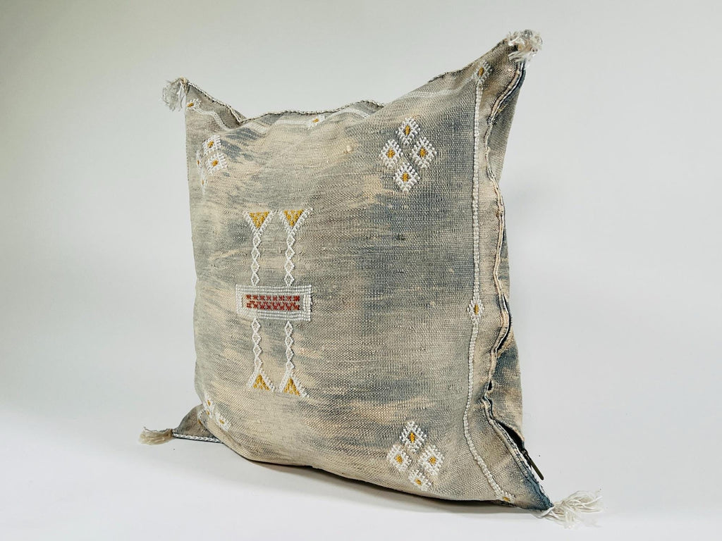 Beige Moroccan Silk Pillow Cover, Berber Boho Cushion with Geometric Embroidery, Handmade Sabra Silk Deco - product image 3