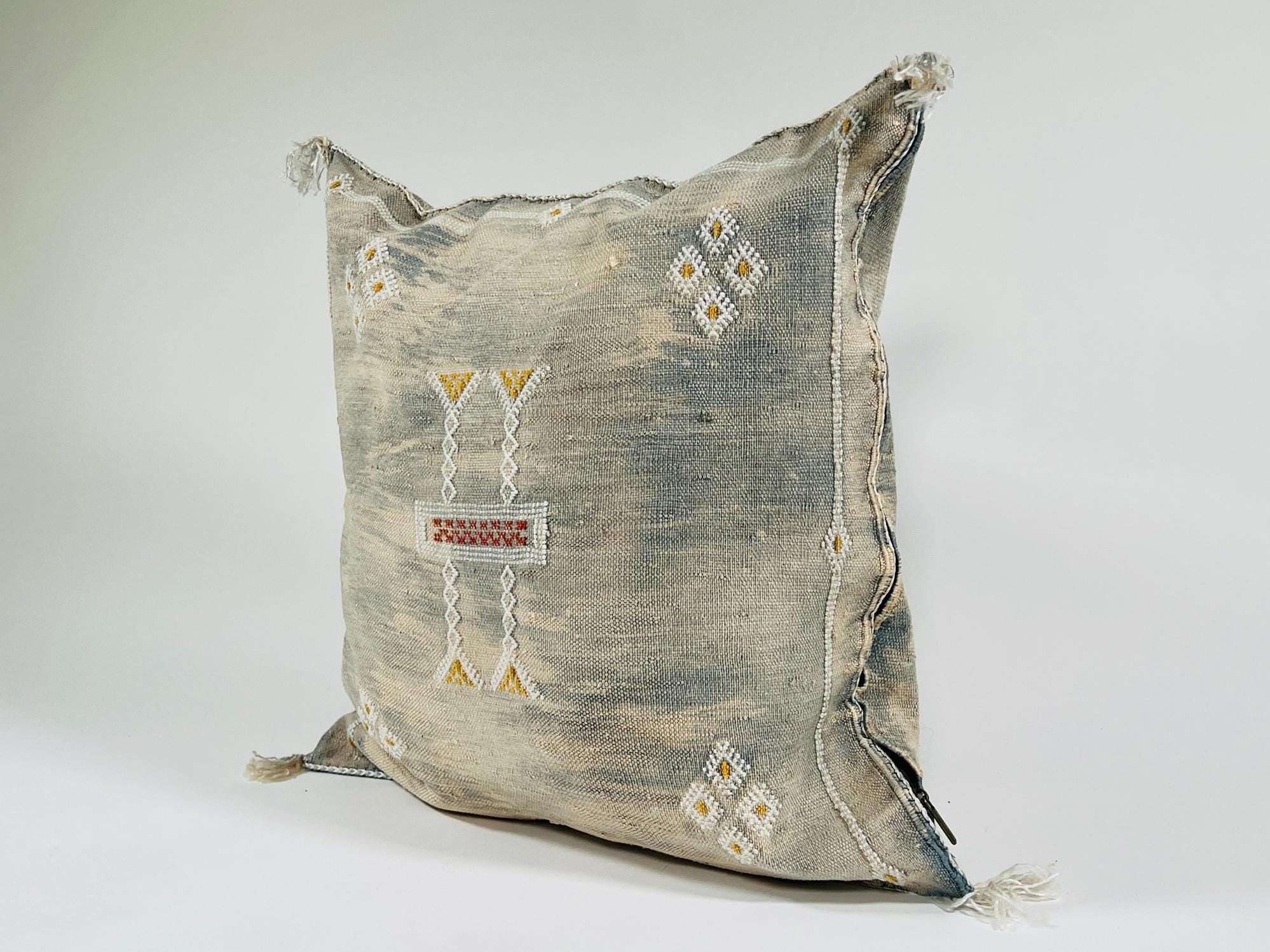 Beige Moroccan Silk Pillow Cover, Berber Boho Cushion with Geometric Embroidery, Handmade Sabra Silk Deco - product image 3