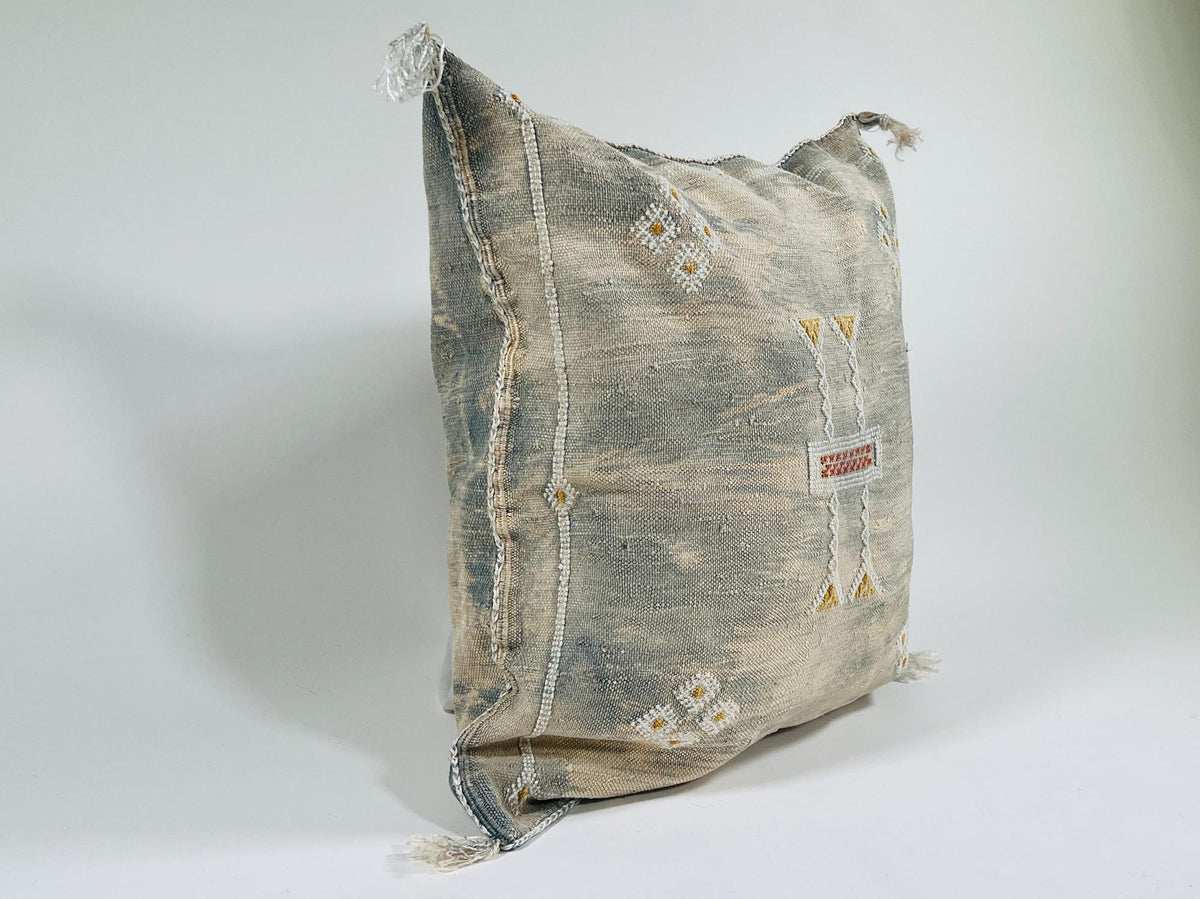 Beige Moroccan Silk Pillow Cover, Berber Boho Cushion with Geometric Embroidery, Handmade Sabra Silk Deco - product image 4