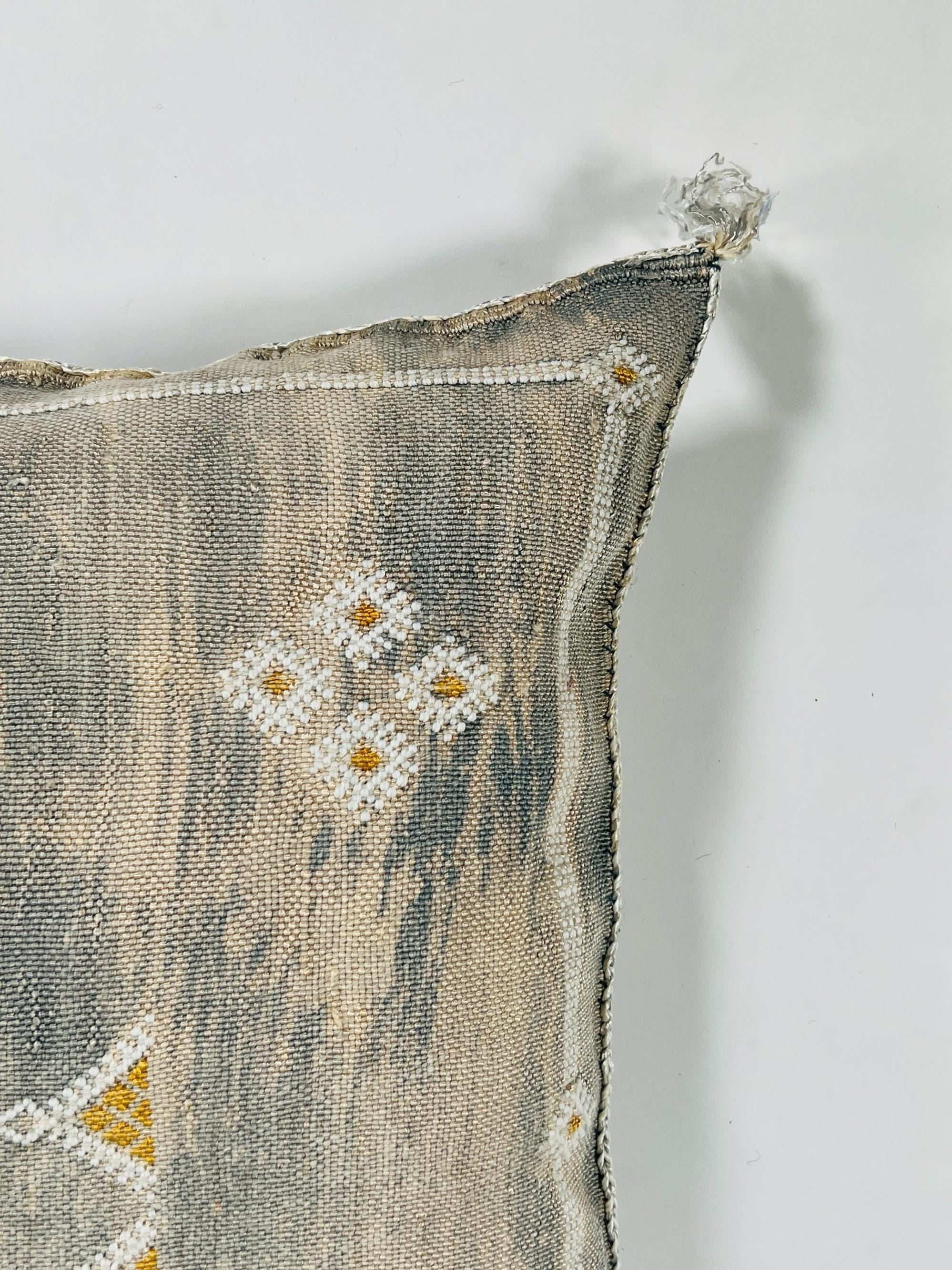 Beige Moroccan Silk Pillow Cover, Berber Boho Cushion with Geometric Embroidery, Handmade Sabra Silk Deco - product image 6