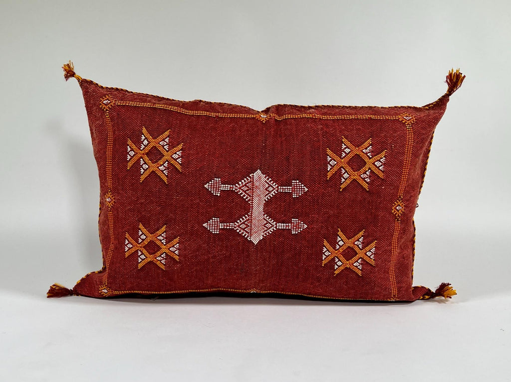 Red Moroccan Kilim Pillow Cover, Handmade Silk Boho Lumbar Pillow with Berber Embroidery and Tassel Corne - product image 3