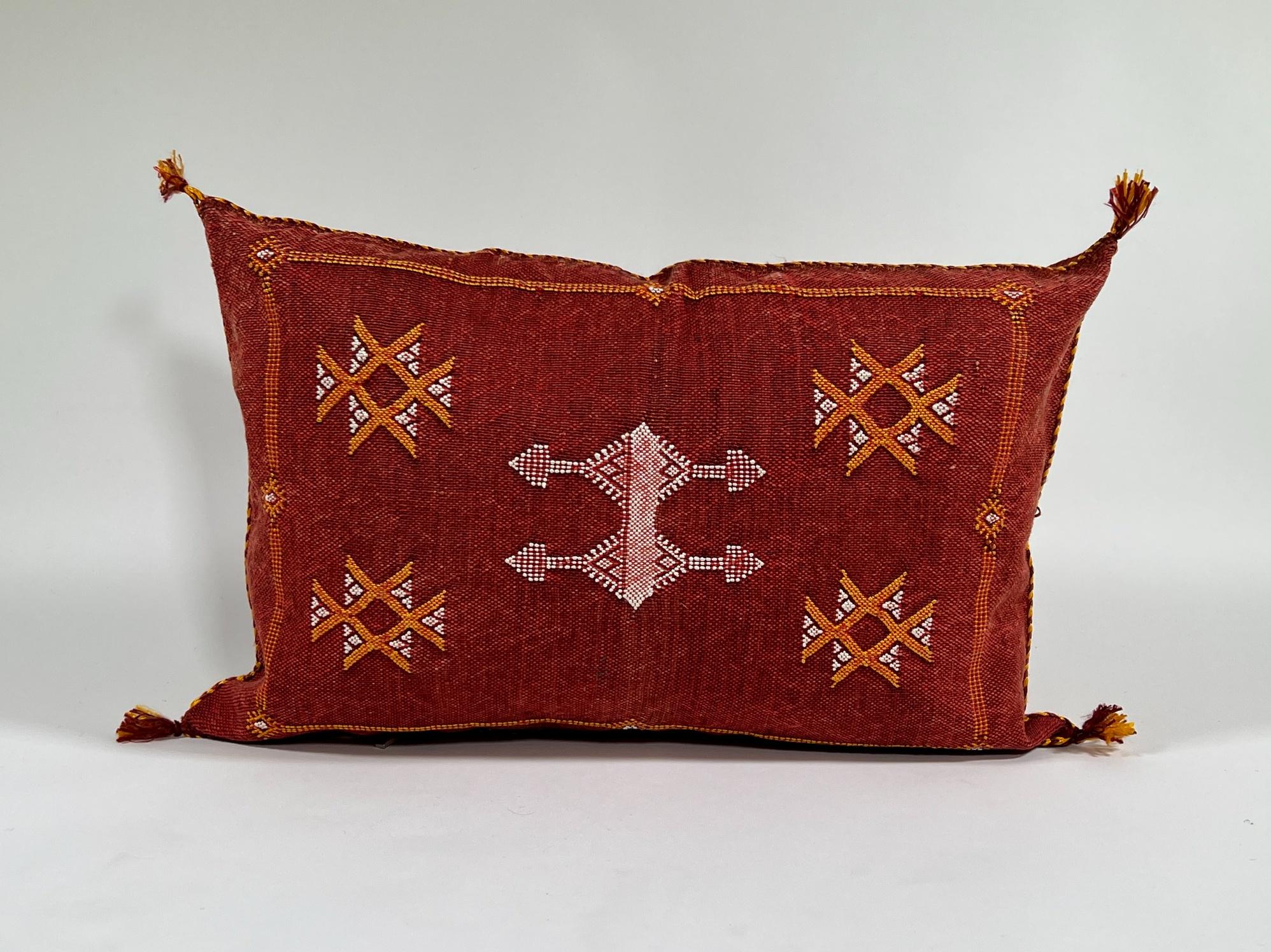 Red Moroccan Kilim Pillow Cover, Handmade Silk Boho Lumbar Pillow with Berber Embroidery and Tassel Corne - product image 3