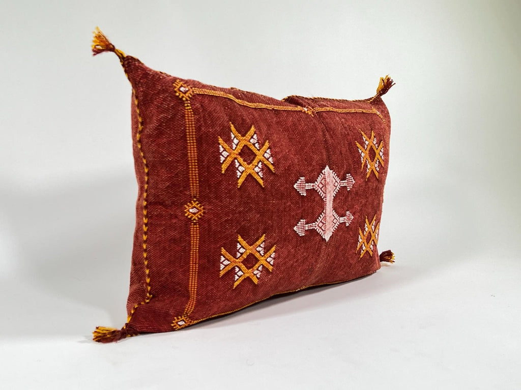Red Moroccan Kilim Pillow Cover, Handmade Silk Boho Lumbar Pillow with Berber Embroidery and Tassel Corne - product image 5