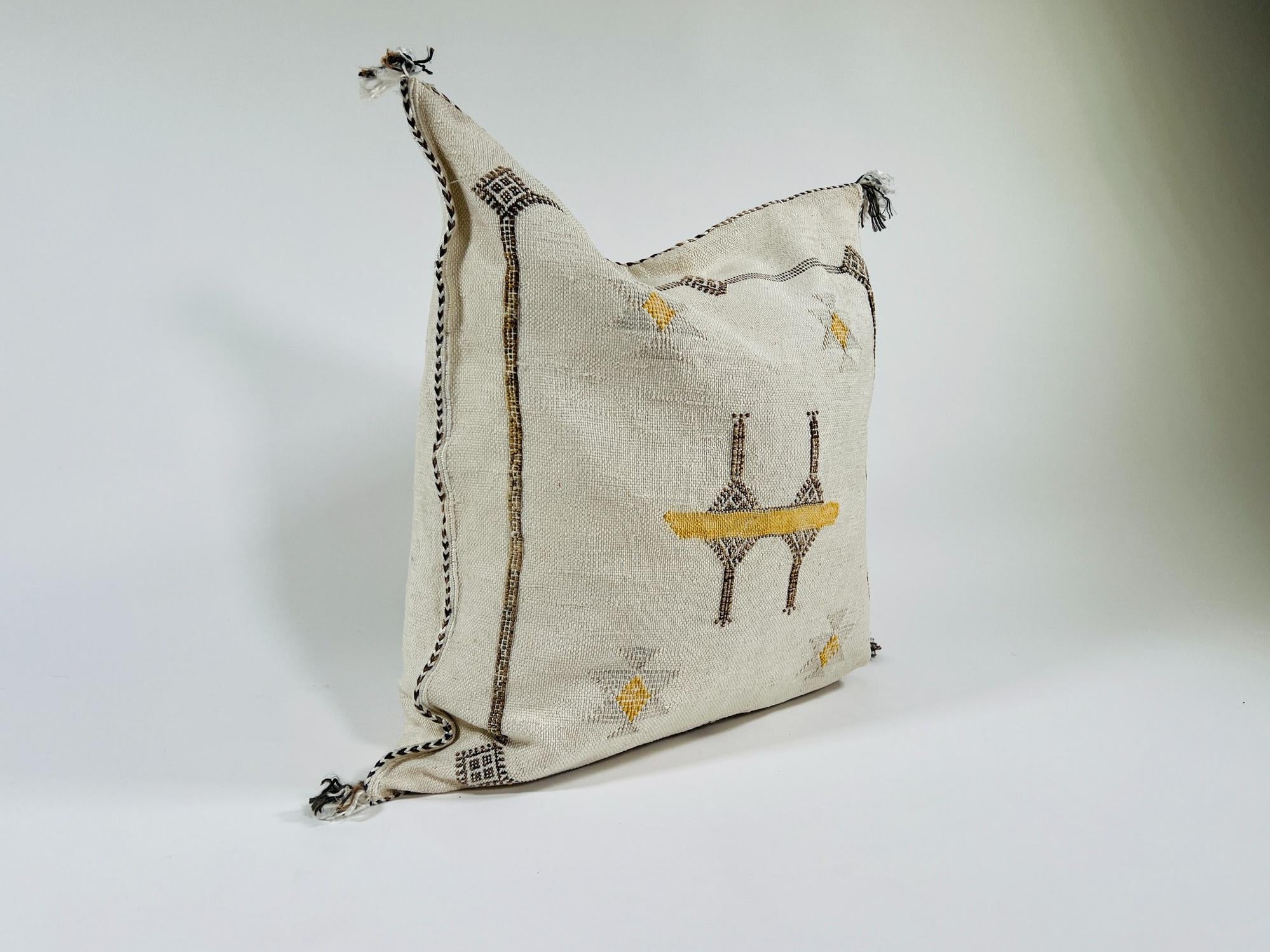 Cream Moroccan Silk Pillow Cover, Black Geometric Kilim Design, Mustard Accent Boho Tassel Cushion Cover - product image 4