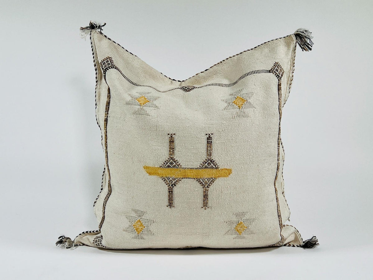 Cream Moroccan Silk Pillow Cover, Black Geometric Kilim Design, Mustard Accent Boho Tassel Cushion Cover - product image 2