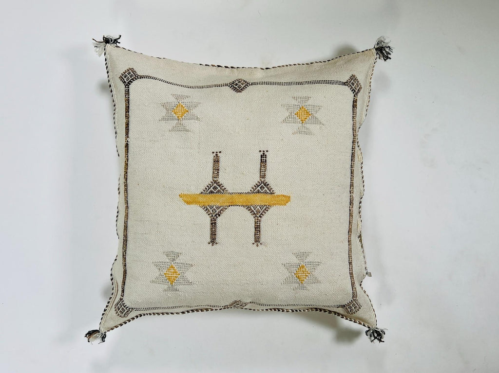 Cream Moroccan Silk Pillow Cover, Black Geometric Kilim Design, Mustard Accent Boho Tassel Cushion Cover - product image 5