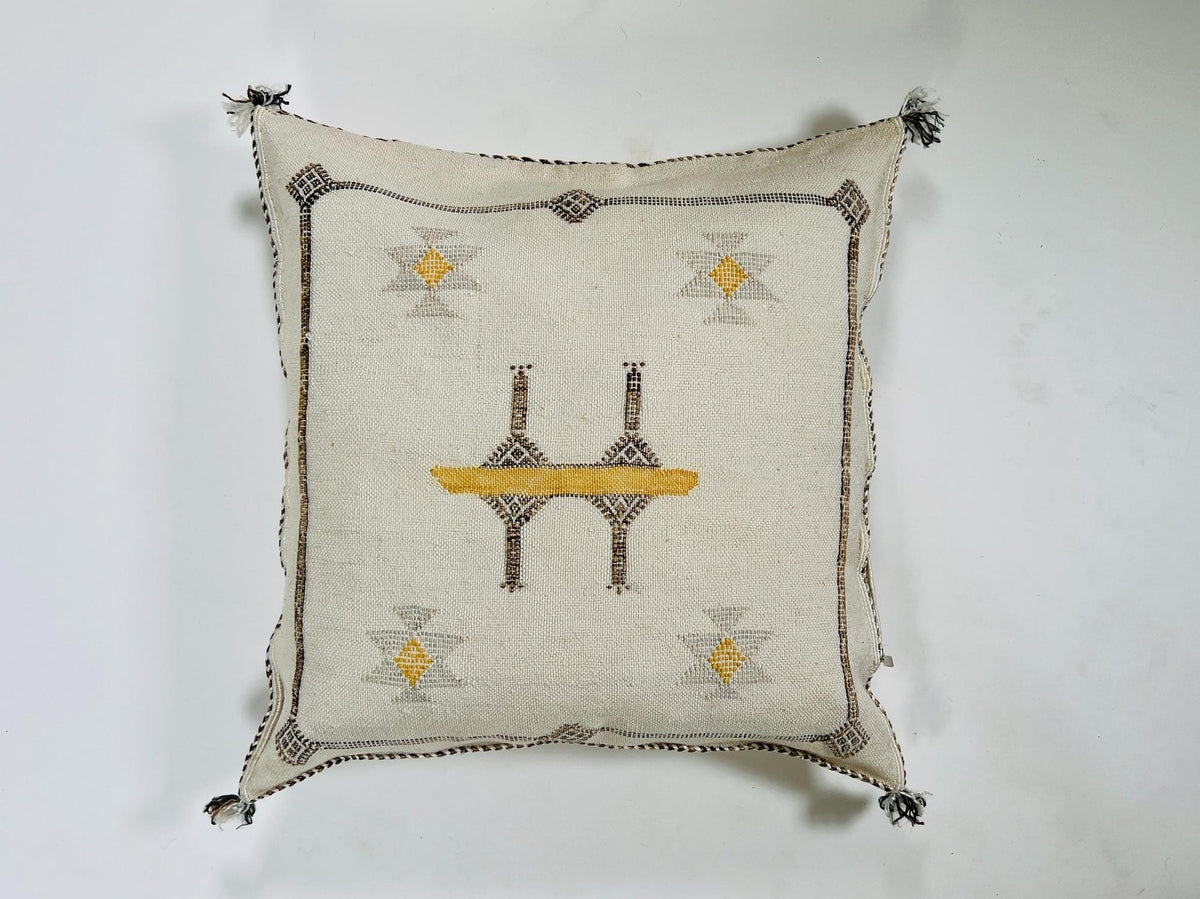 Cream Moroccan Silk Pillow Cover, Black Geometric Kilim Design, Mustard Accent Boho Tassel Cushion Cover - product image 5