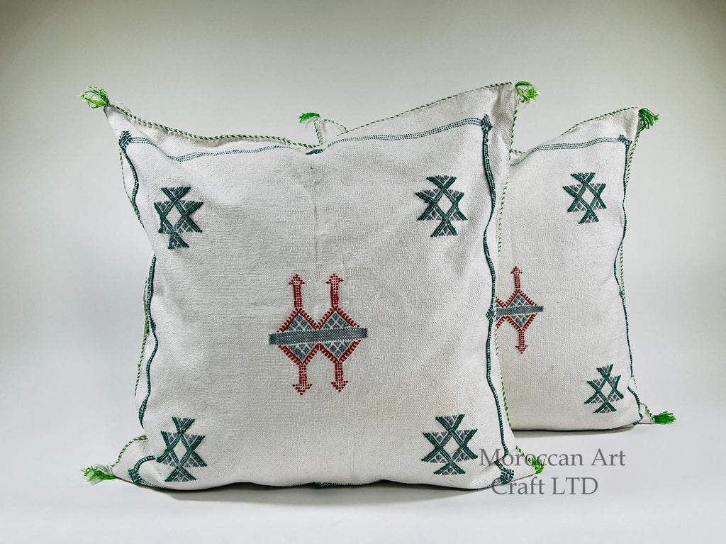 Moroccan White Silk Pillow Cover, Green Red Tribal Embroidery, Boho Tassel Cushion, Handmade Kilim Style - product image 1