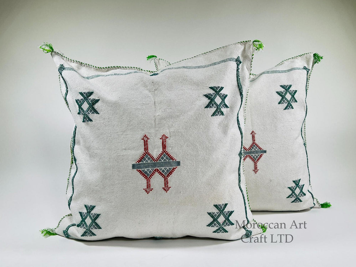 Moroccan White Silk Pillow Cover, Green Red Tribal Embroidery, Boho Tassel Cushion, Handmade Kilim Style - product image 1