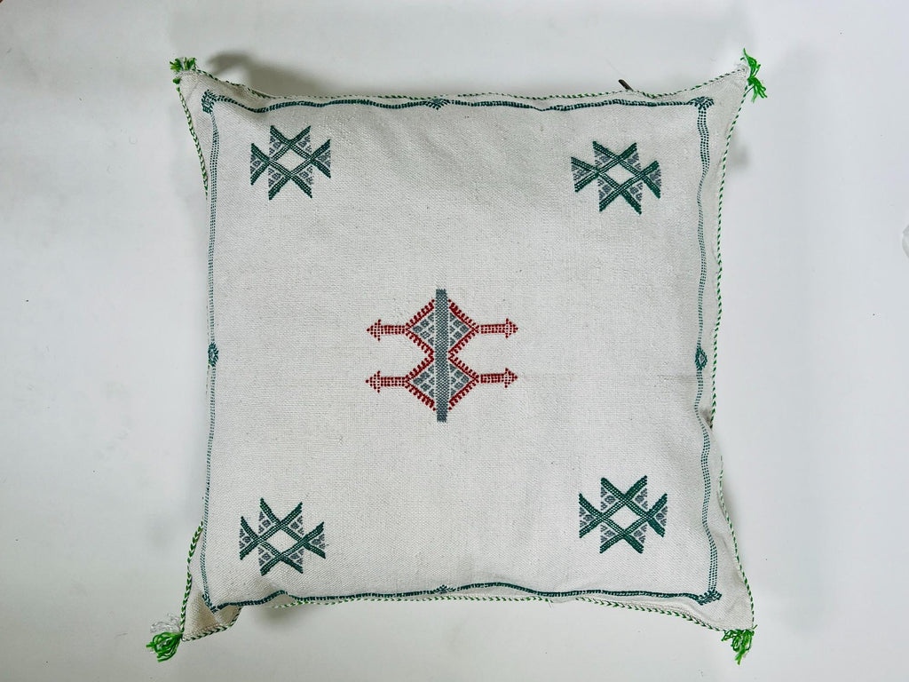 Moroccan White Silk Pillow Cover, Green Red Tribal Embroidery, Boho Tassel Cushion, Handmade Kilim Style - product image 5