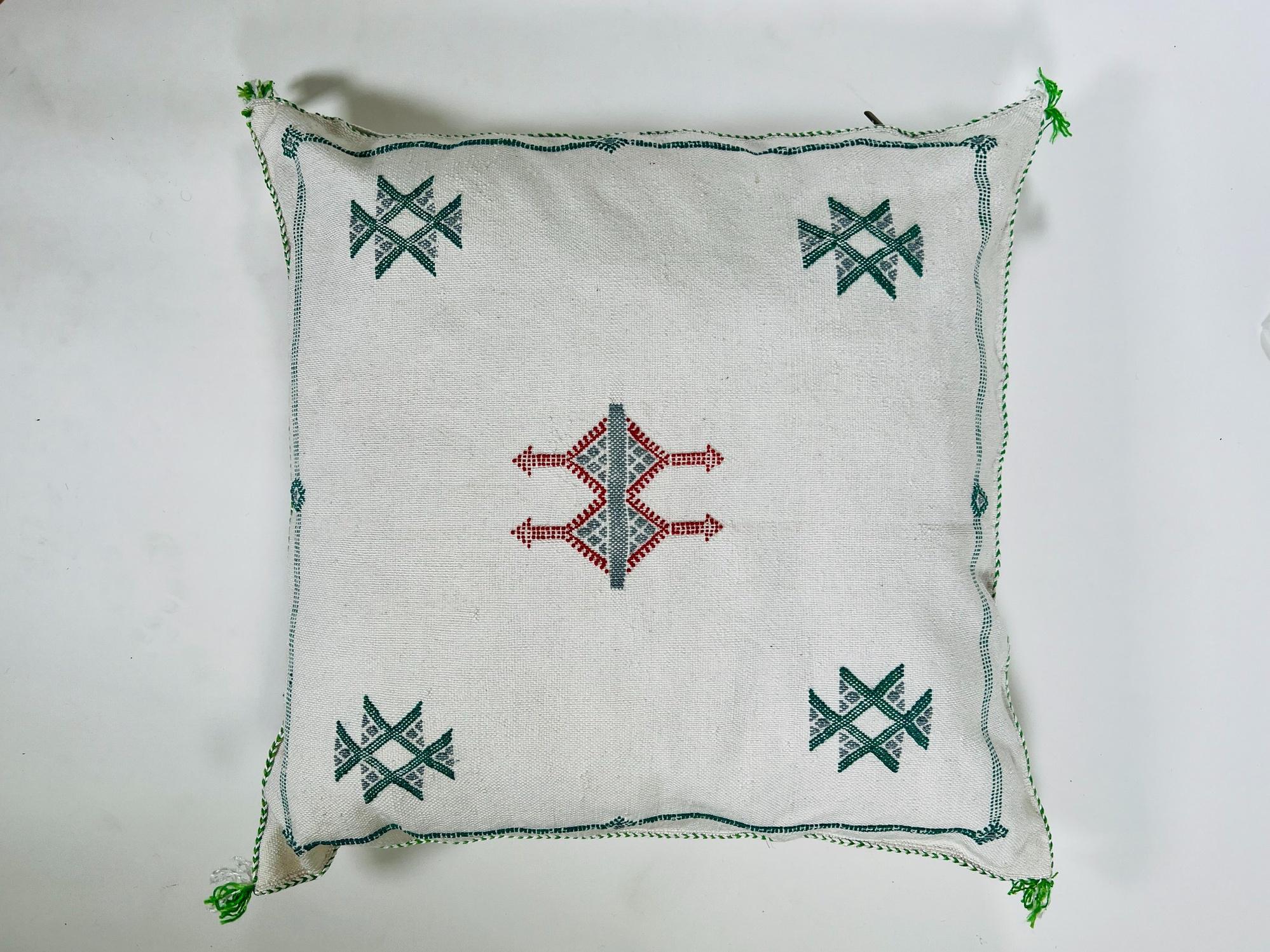 Moroccan White Silk Pillow Cover, Green Red Tribal Embroidery, Boho Tassel Cushion, Handmade Kilim Style - product image 5