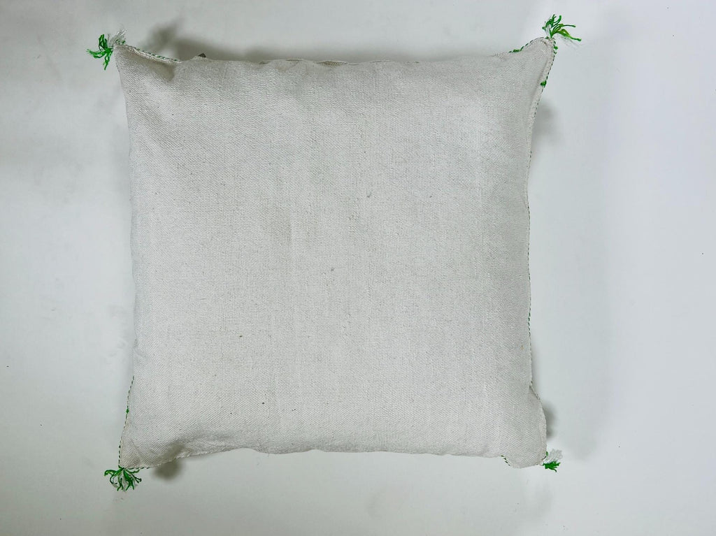 Moroccan White Silk Pillow Cover, Green Red Tribal Embroidery, Boho Tassel Cushion, Handmade Kilim Style - product image 9