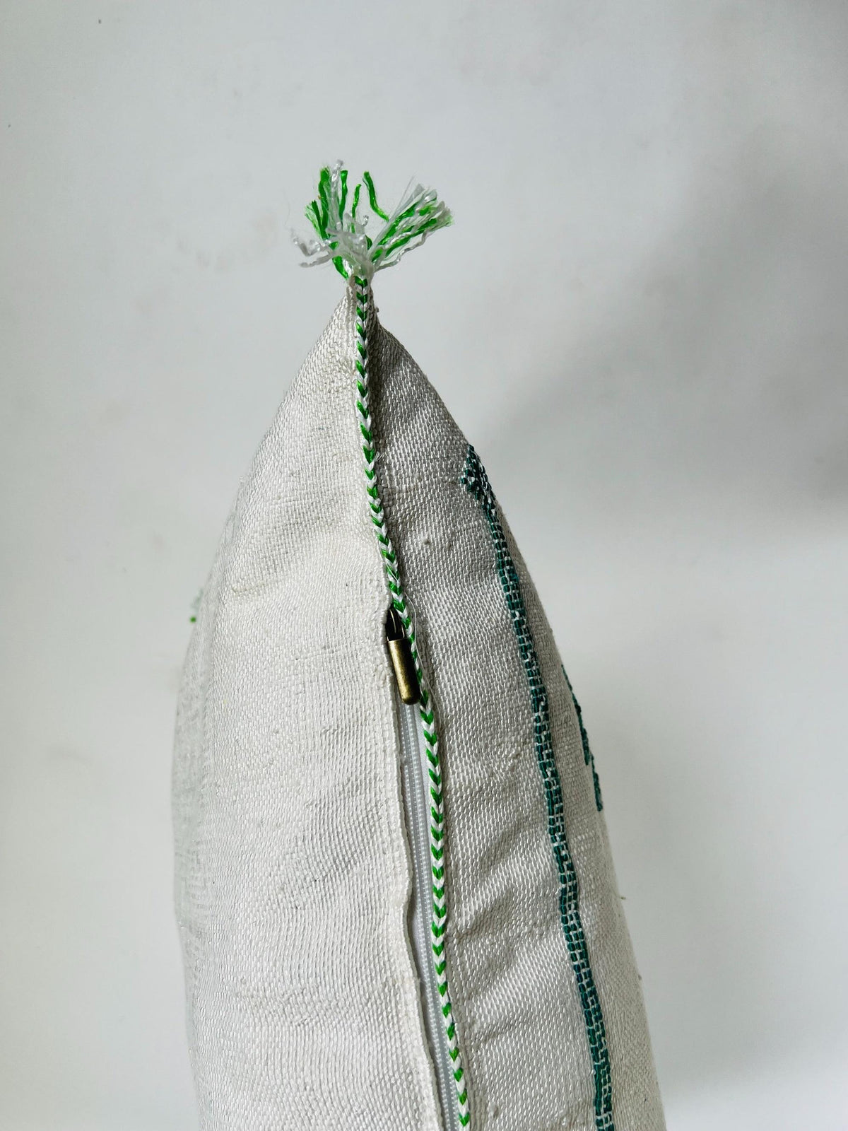 Moroccan White Silk Pillow Cover, Green Red Tribal Embroidery, Boho Tassel Cushion, Handmade Kilim Style - product image 10
