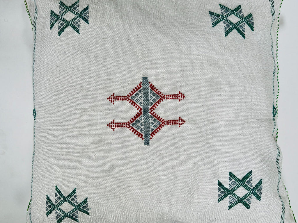 Moroccan White Silk Pillow Cover, Green Red Tribal Embroidery, Boho Tassel Cushion, Handmade Kilim Style - product image 7