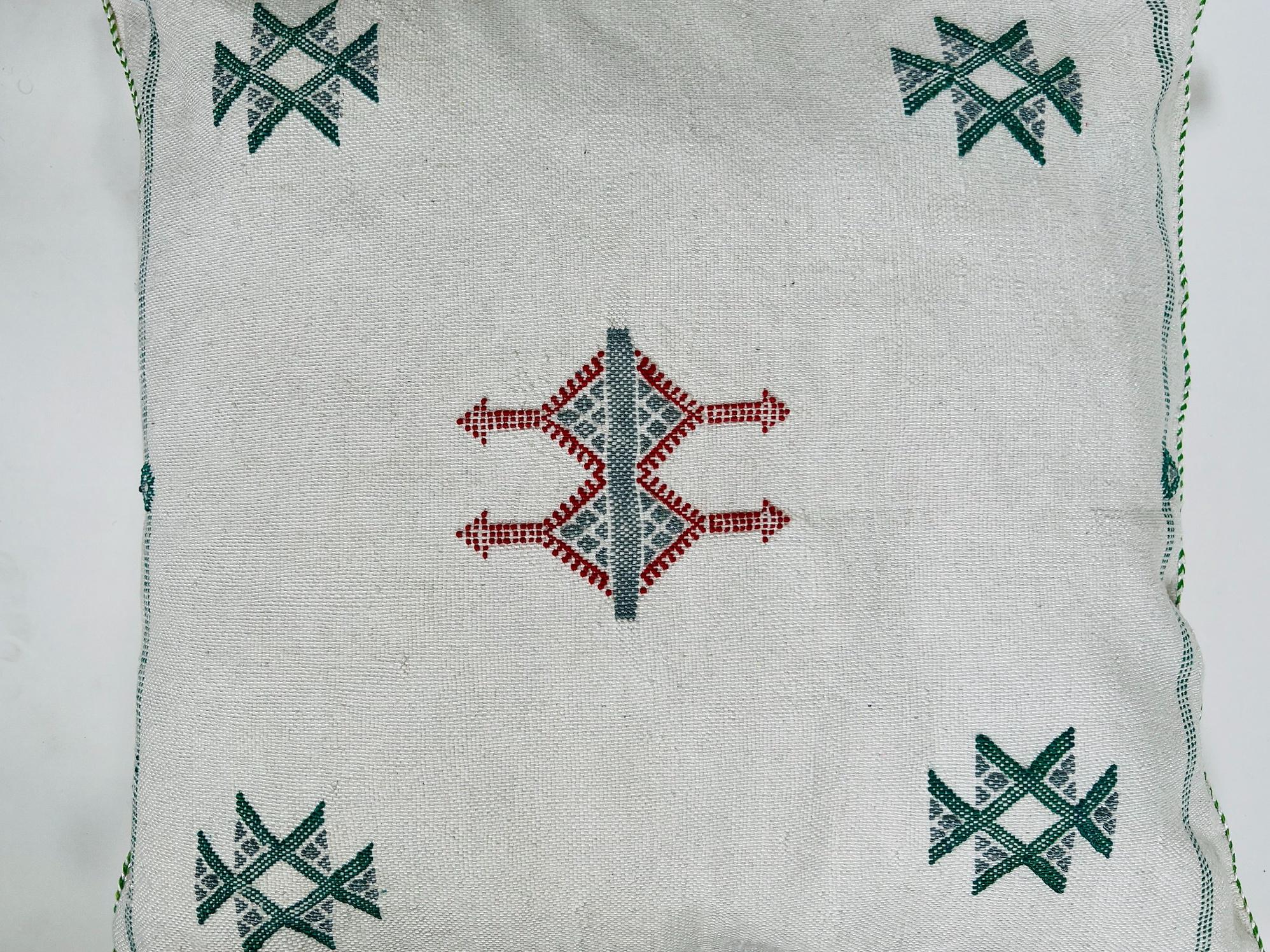 Moroccan White Silk Pillow Cover, Green Red Tribal Embroidery, Boho Tassel Cushion, Handmade Kilim Style - product image 7