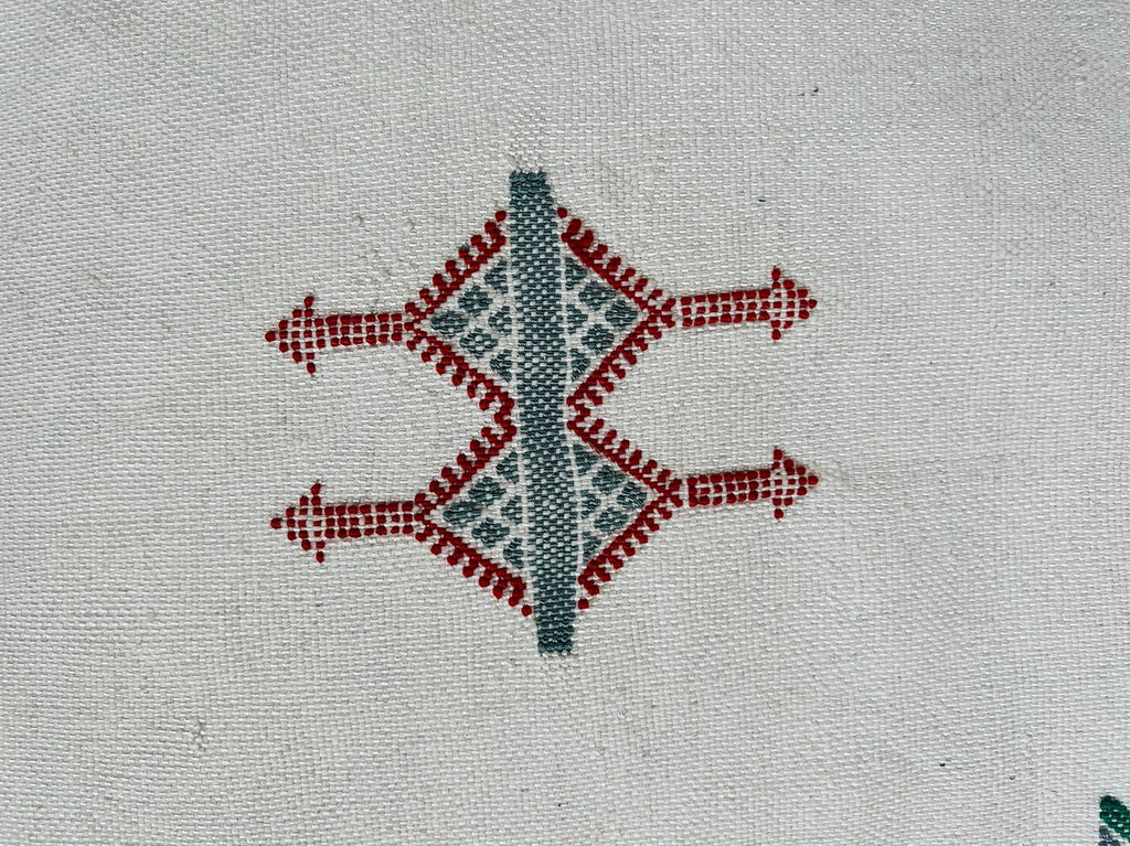 Moroccan White Silk Pillow Cover, Green Red Tribal Embroidery, Boho Tassel Cushion, Handmade Kilim Style - product image 8