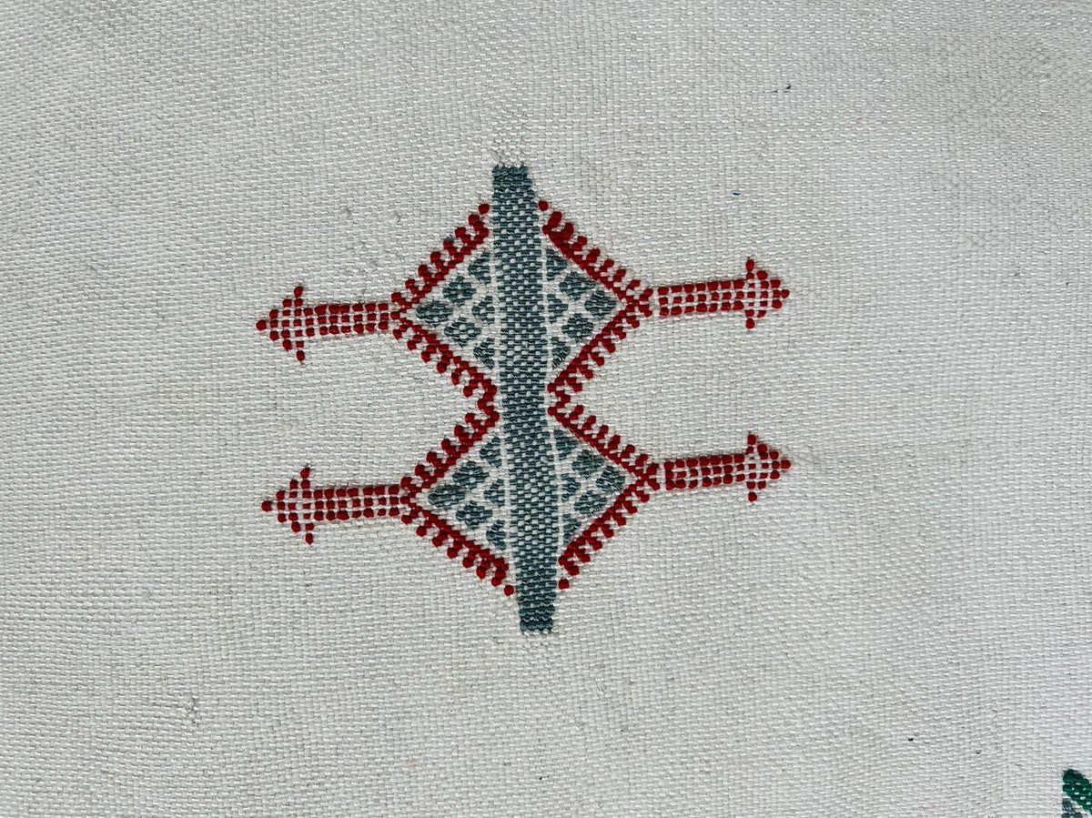 Moroccan White Silk Pillow Cover, Green Red Tribal Embroidery, Boho Tassel Cushion, Handmade Kilim Style - product image 8