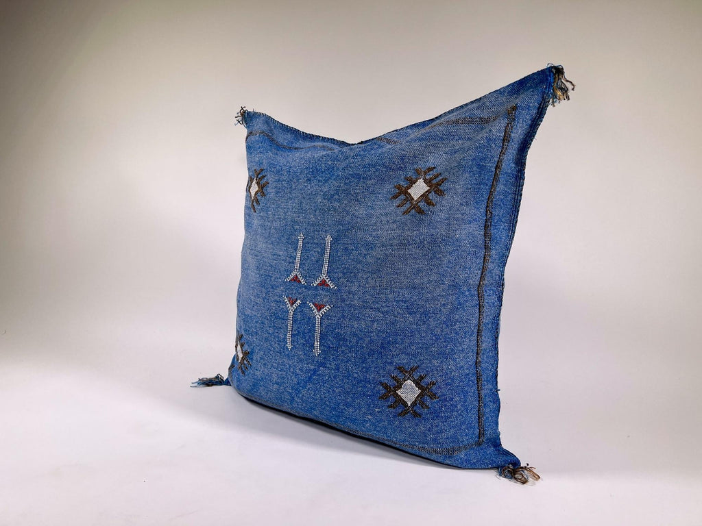 Blue Moroccan Silk Pillow Cover, Handmade Boho Kilim Cushion with Tribal Embroidery and Corner Tassels - product image 3