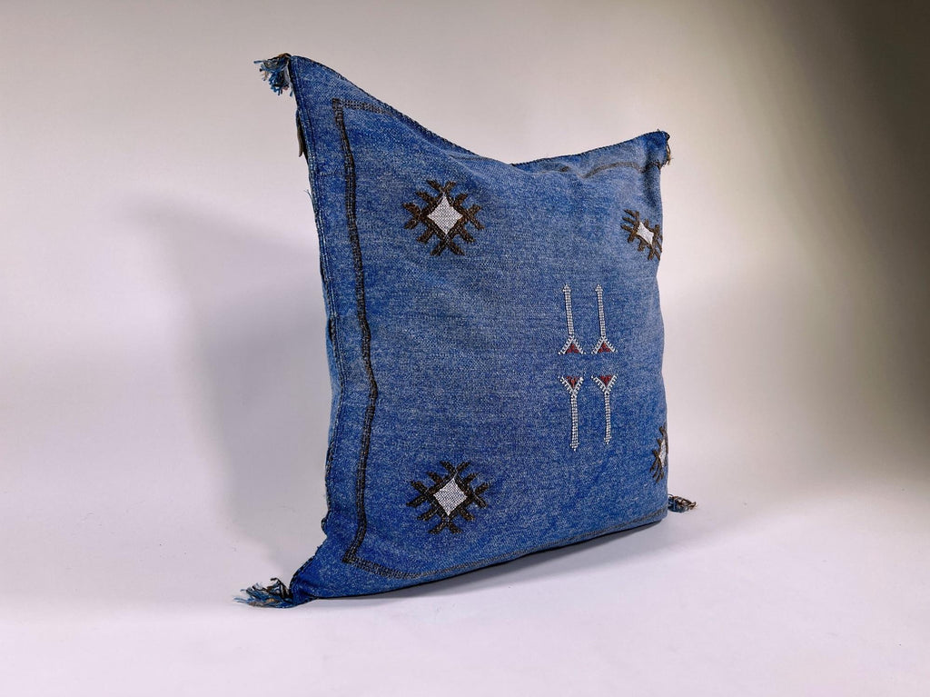 Blue Moroccan Silk Pillow Cover, Handmade Boho Kilim Cushion with Tribal Embroidery and Corner Tassels - product image 4