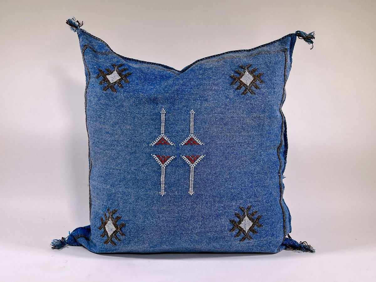 Blue Moroccan Silk Pillow Cover, Handmade Boho Kilim Cushion with Tribal Embroidery and Corner Tassels - product image 2
