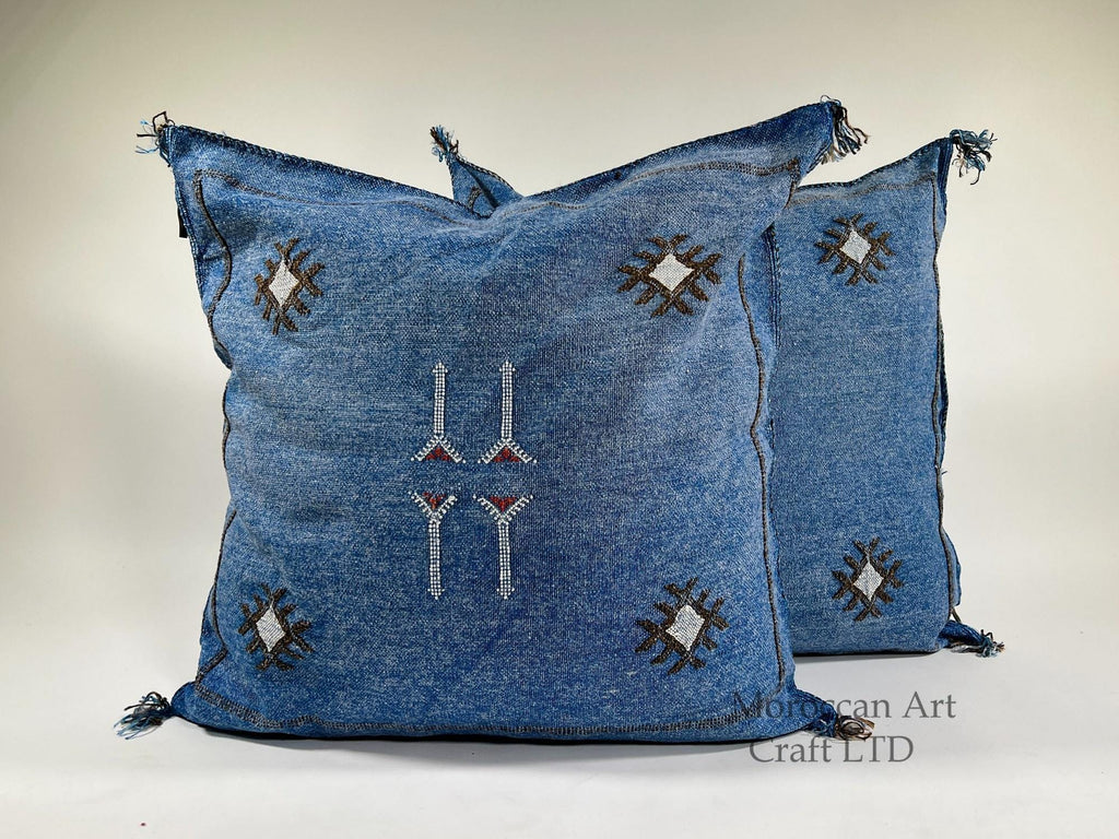 Blue Moroccan Silk Pillow Cover, Handmade Boho Kilim Cushion with Tribal Embroidery and Corner Tassels - product image 1