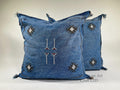 Blue Moroccan Silk Pillow Cover, Handmade Boho Kilim Cushion with Tribal Embroidery and Corner Tassels - product image 1