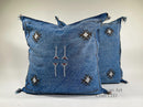 Blue Moroccan Silk Pillow Cover, Handmade Boho Kilim Cushion with Tribal Embroidery and Corner Tassels - product image 1