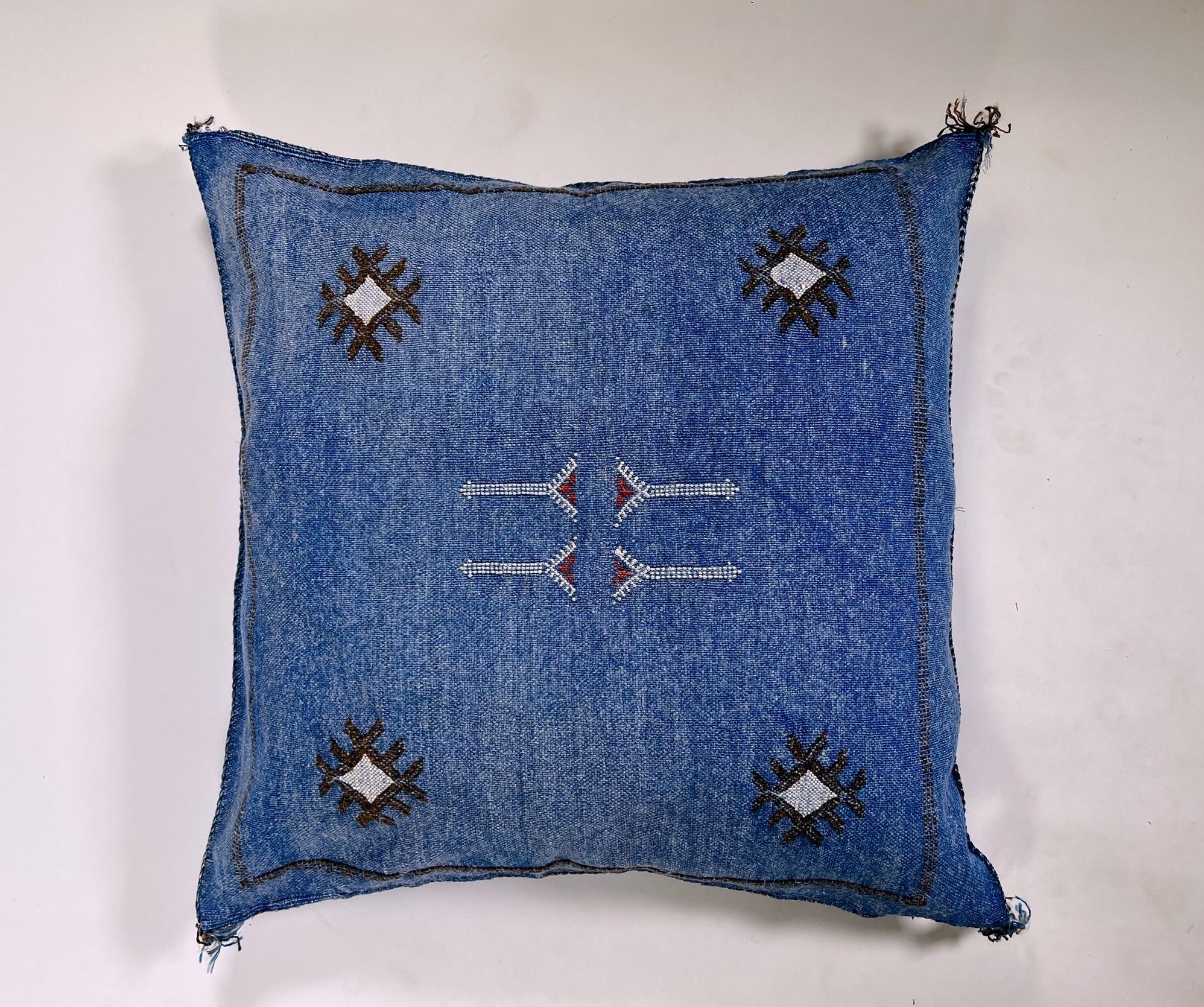 Blue Moroccan Silk Pillow Cover, Handmade Boho Kilim Cushion with Tribal Embroidery and Corner Tassels - product image 5