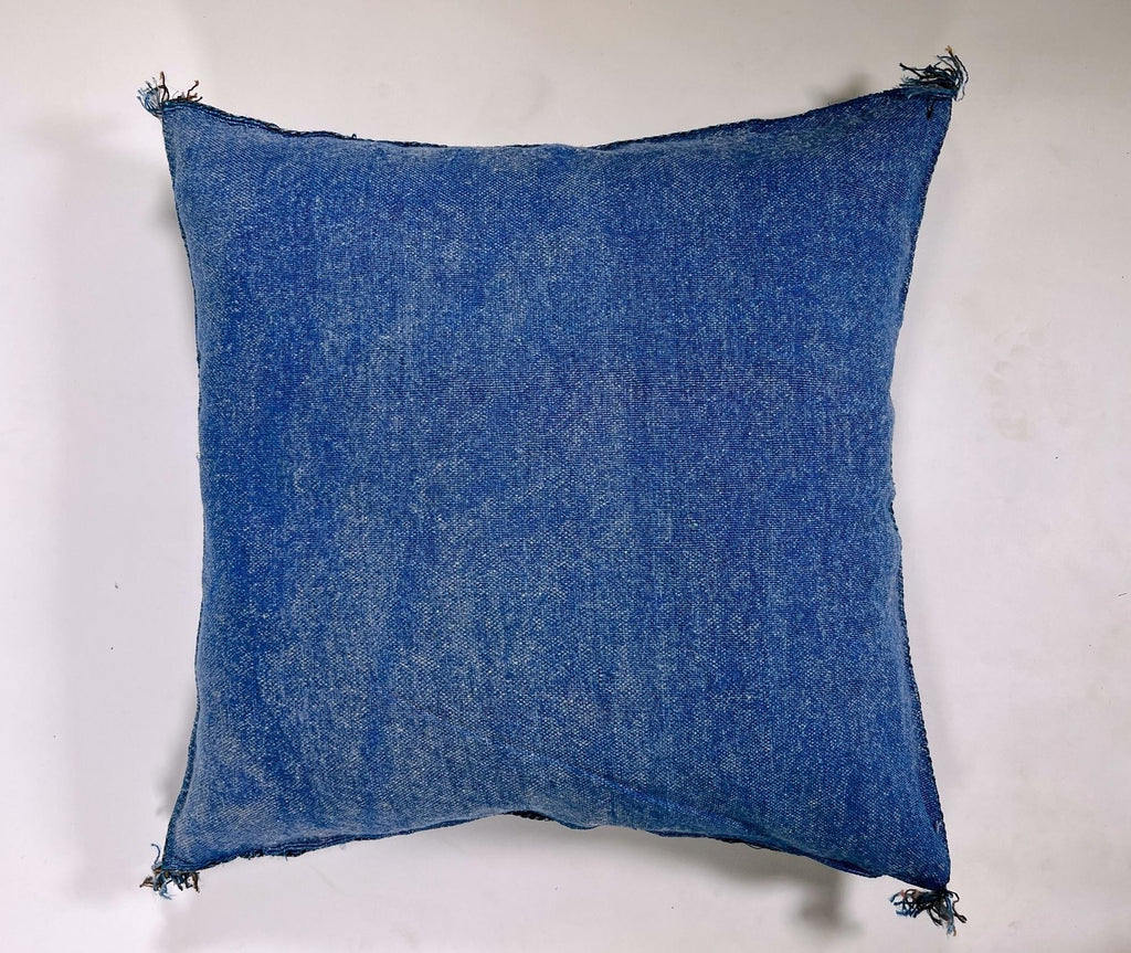 Blue Moroccan Silk Pillow Cover, Handmade Boho Kilim Cushion with Tribal Embroidery and Corner Tassels - product image 9