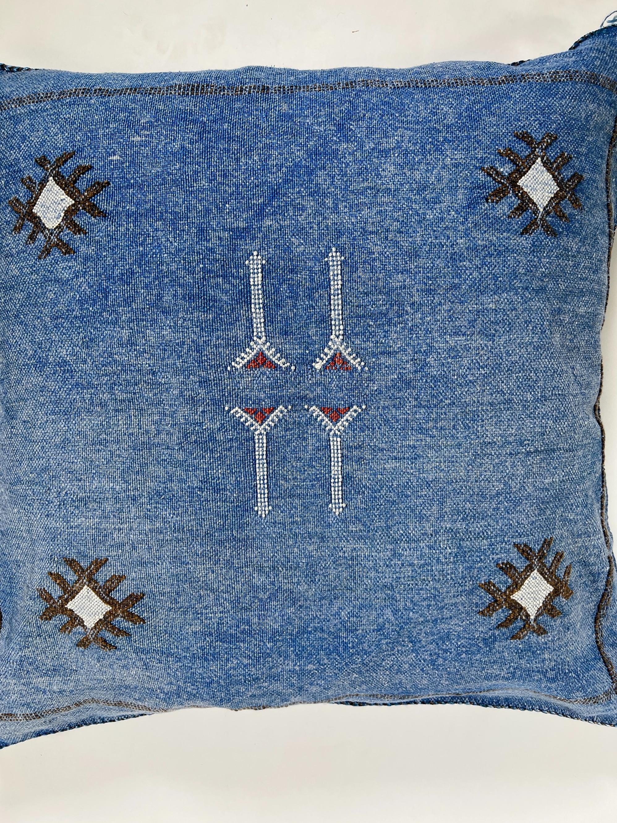 Blue Moroccan Silk Pillow Cover, Handmade Boho Kilim Cushion with Tribal Embroidery and Corner Tassels - product image 7