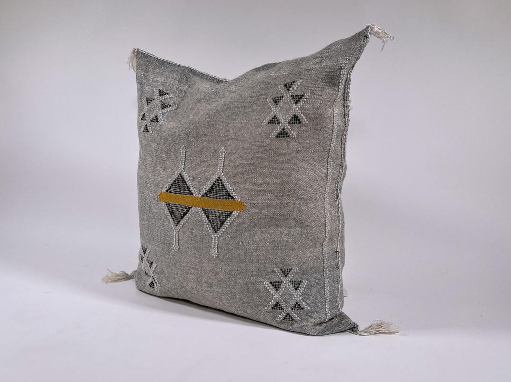 Gray Moroccan Silk Pillow Cover, Black Mustard Geometric Kilim Boho Tassel Cushion, Handmade Berber Pillo - product image 3