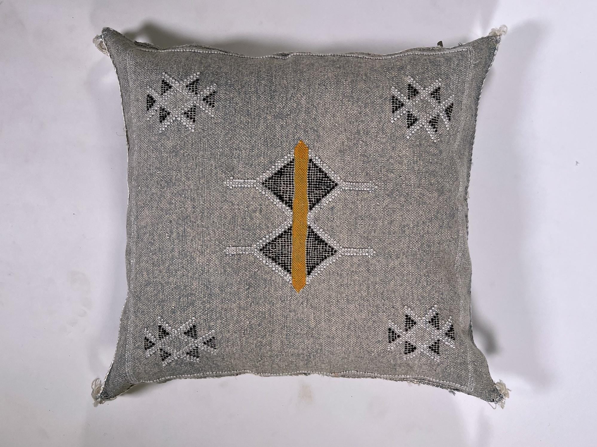 Gray Moroccan Silk Pillow Cover, Black Mustard Geometric Kilim Boho Tassel Cushion, Handmade Berber Pillo - product image 5
