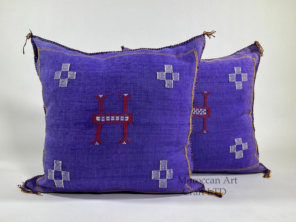 Purple Blue Moroccan Silk Pillow Cover, Handmade Berber Boho Cushion with White Geometric Embroidery - product image 1