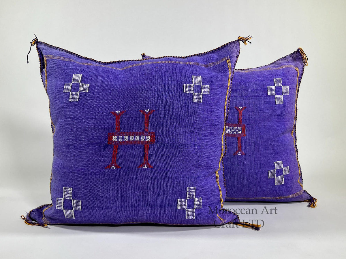 Purple Blue Moroccan Silk Pillow Cover, Handmade Berber Boho Cushion with White Geometric Embroidery - product image 1