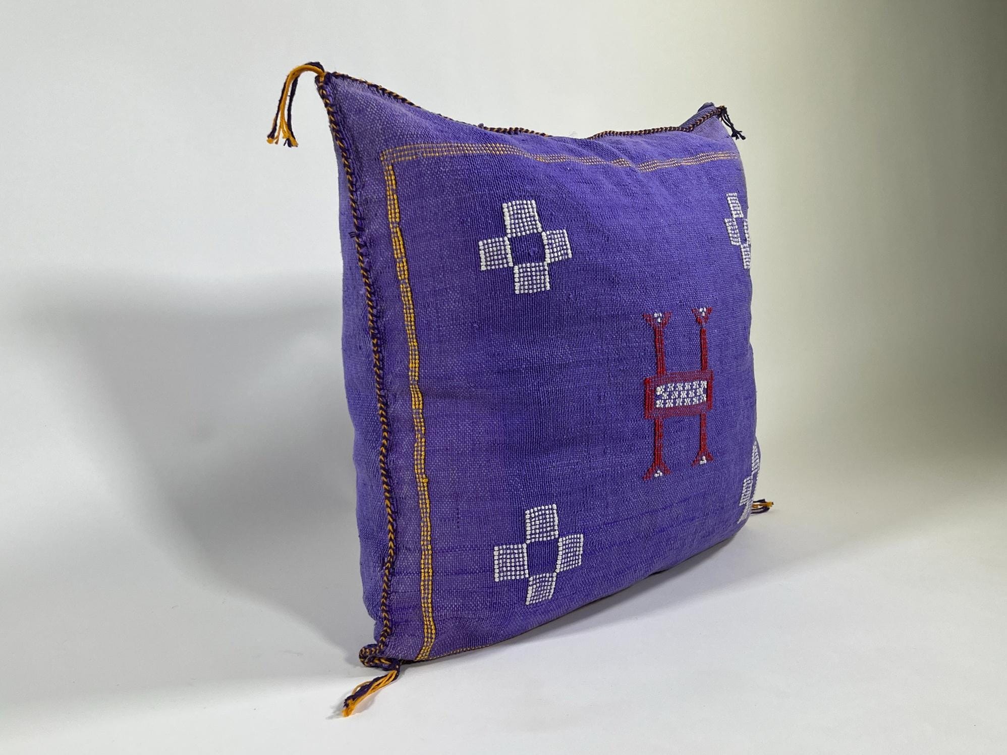 Purple Blue Moroccan Silk Pillow Cover, Handmade Berber Boho Cushion with White Geometric Embroidery - product image 4