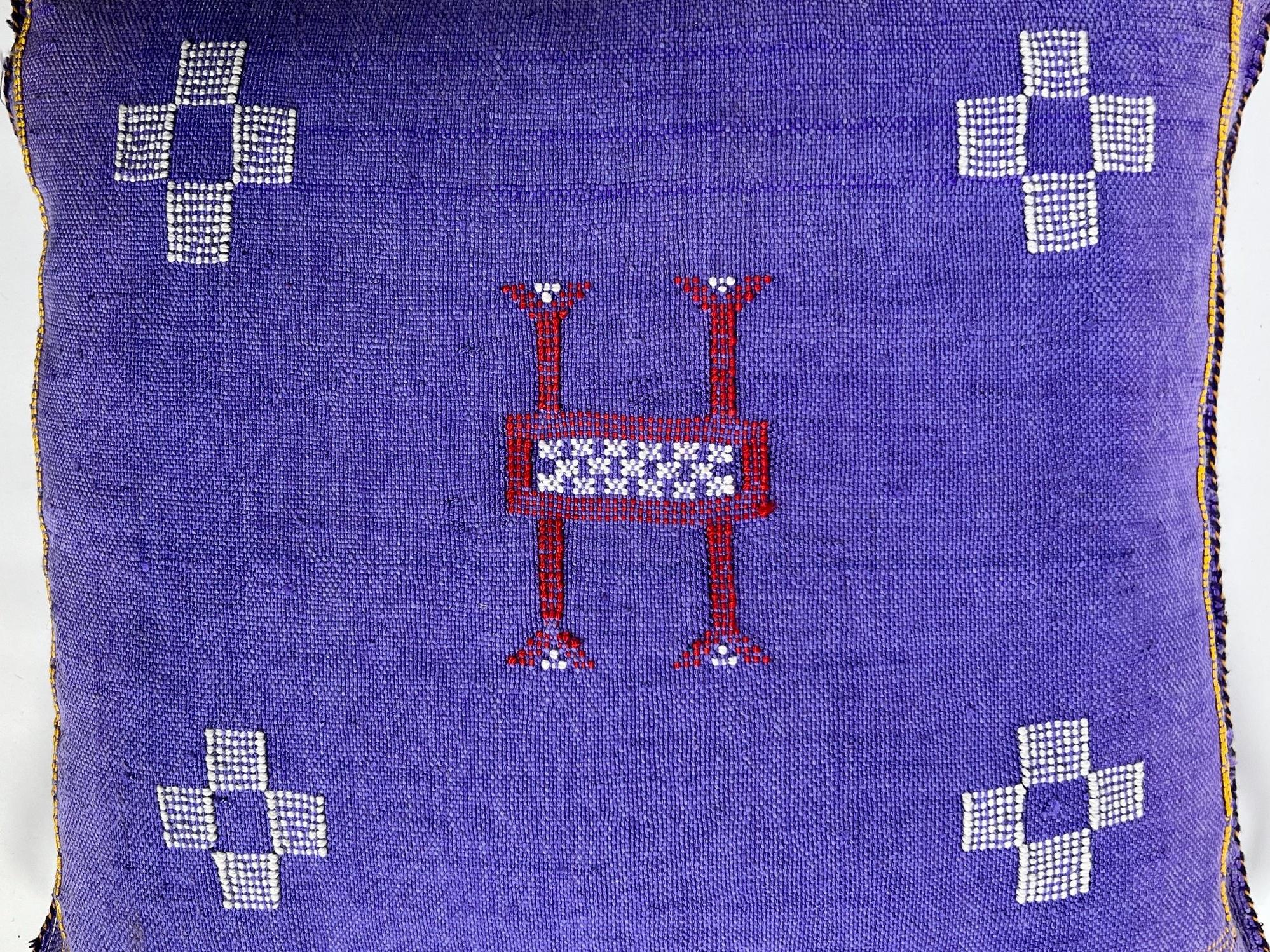 Purple Blue Moroccan Silk Pillow Cover, Handmade Berber Boho Cushion with White Geometric Embroidery - product image 6