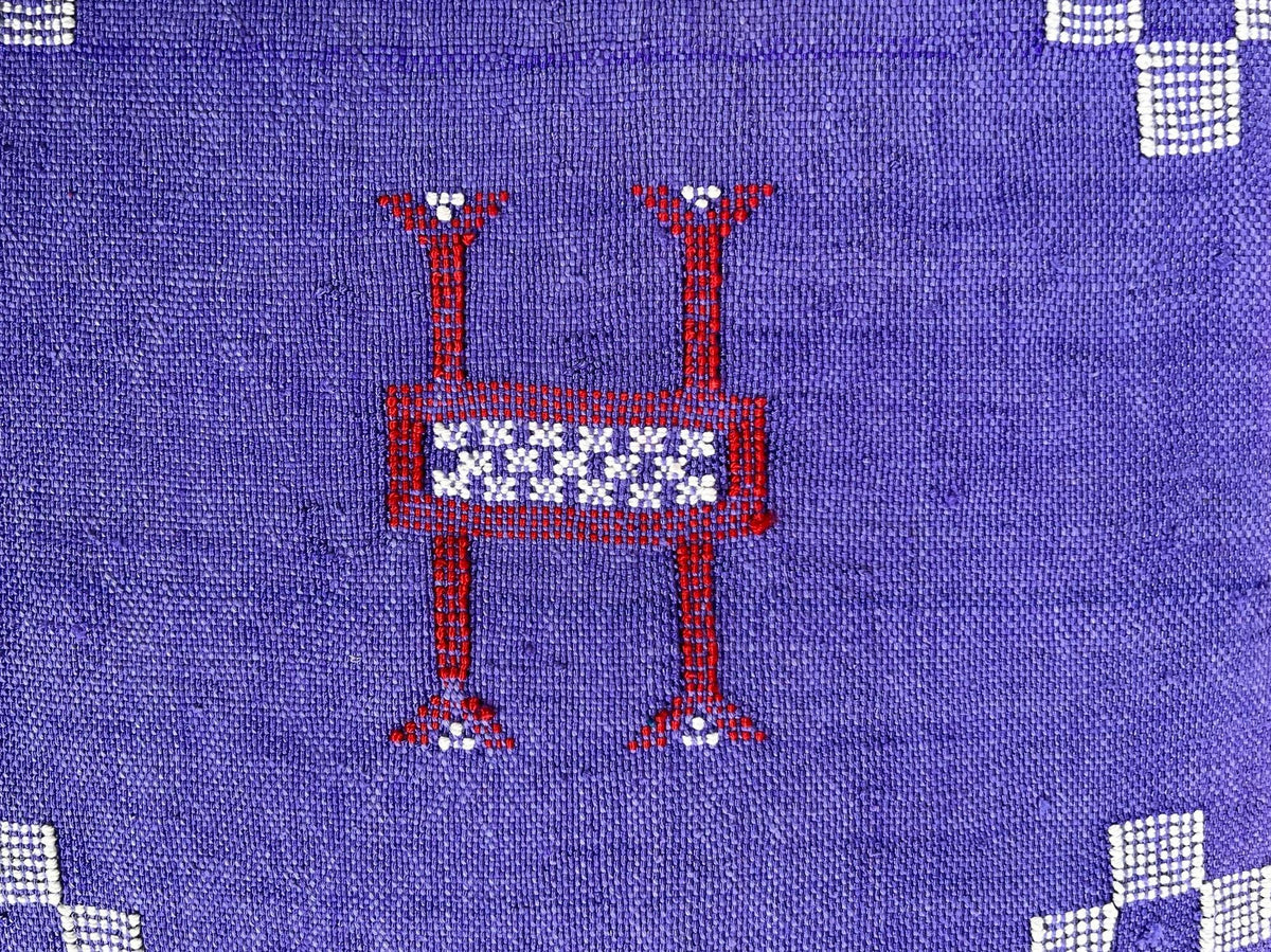 Purple Blue Moroccan Silk Pillow Cover, Handmade Berber Boho Cushion with White Geometric Embroidery - product image 7